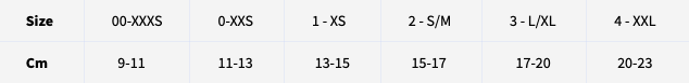 Size chart for CGO braces.